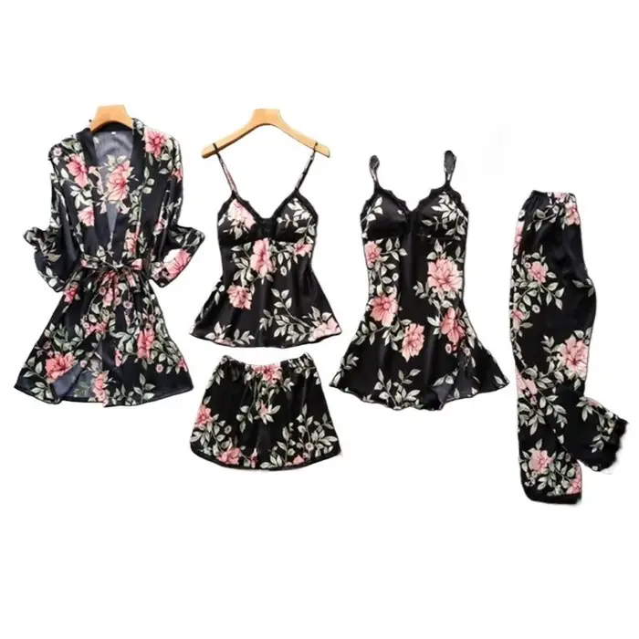 Pyjamas pour femmes 2026 – Ensemble sexy cinq pièces d'été avec bretelles, pyjama pour femme, tenue d'intérieur avec coussinet de poitrine et peignoir