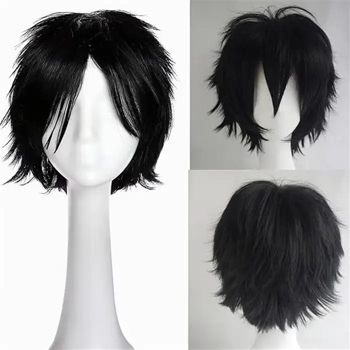 Perruque synthétique courte bouclée universelle noire, perruque de personnage de couleur variable po