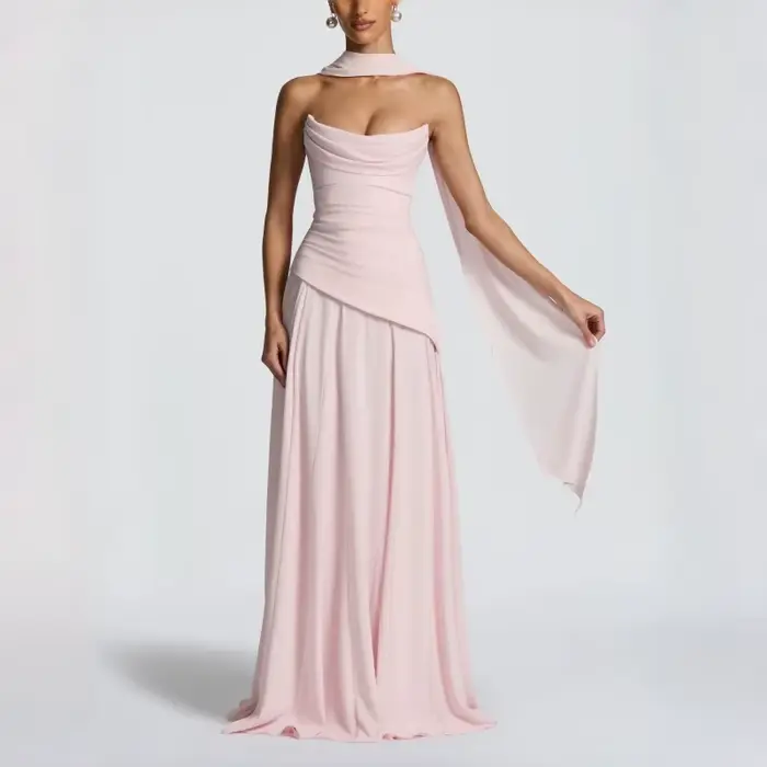 Robe de soirée rose poudré pour femme, col bénitier, dos froncé, à lacets, sans manches, élégante, p