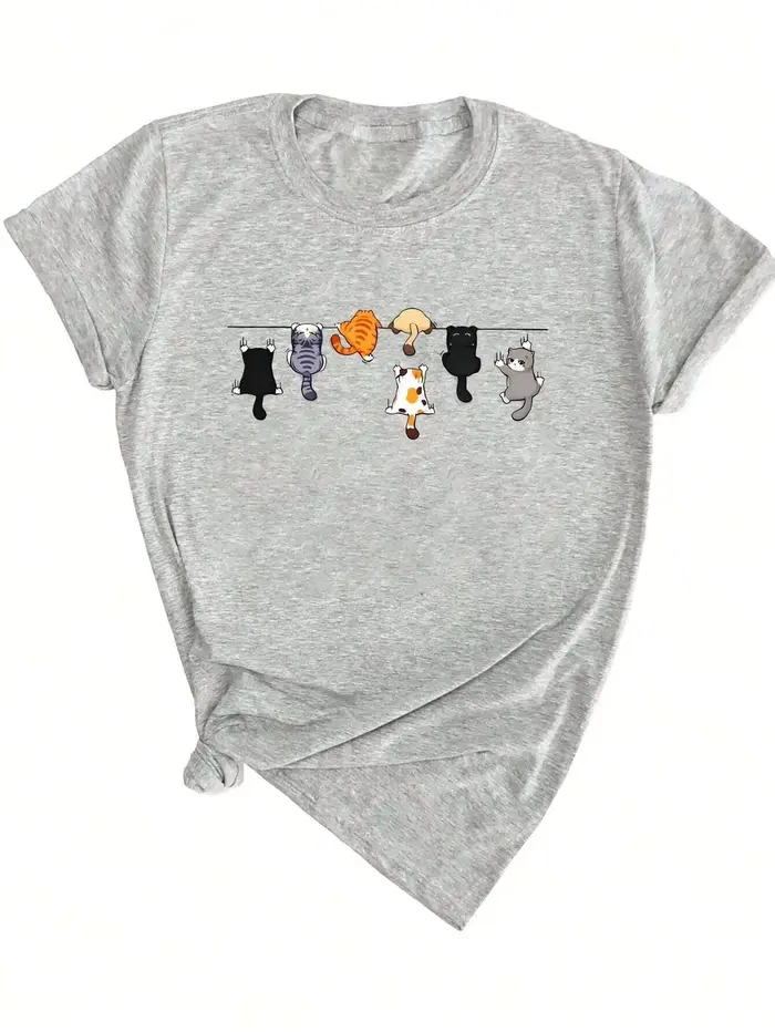 Femmes mignon chat imprimé col rond à manches courtes t-shirt style décontracté blanc à manches cour
