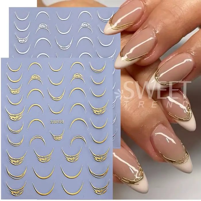Autocollants pour ongles croissant de lune, auto-adhésifs, sourire français, ligne rayée, Design, dé