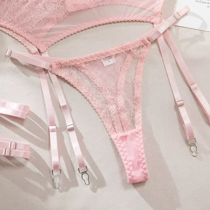 Ensemble de Lingerie Fantaisie Sexy et Élégante 3 Pièces avec Jarretelles, Soutien-Gorge Sissy Couleur Unie, Ensemble de Soutien-Gorge Intime en Dentelle Cils Patchwork