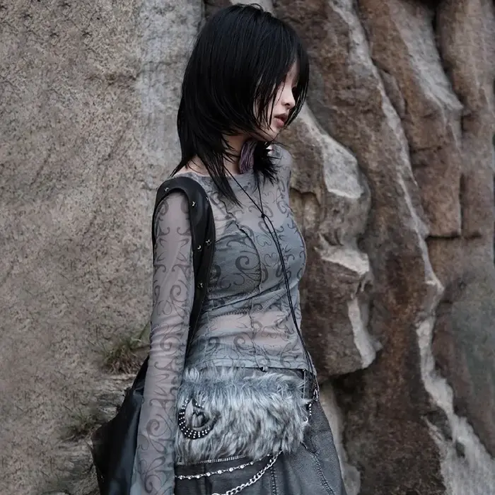 Haut court transparent en maille grunge, t-shirt Y2K transparent, mode coréenne, esthétique Y2k, Har