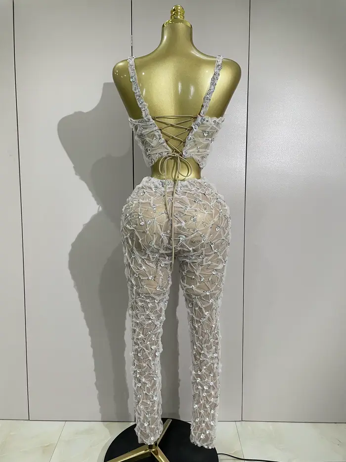 Ensemble deux pièces Sexy en dentelle pour femmes, haut à licou + pantalon Long, épissure de diamant