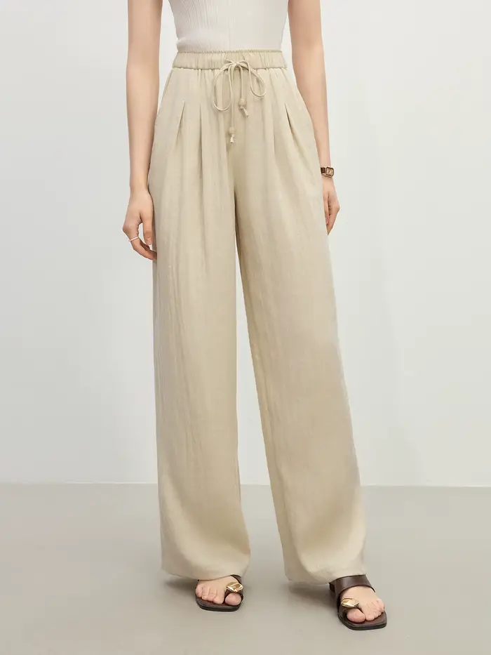 FSLE minimalisme Style lin droit élastique taille haute pantalons décontractés pour les femmes été 2