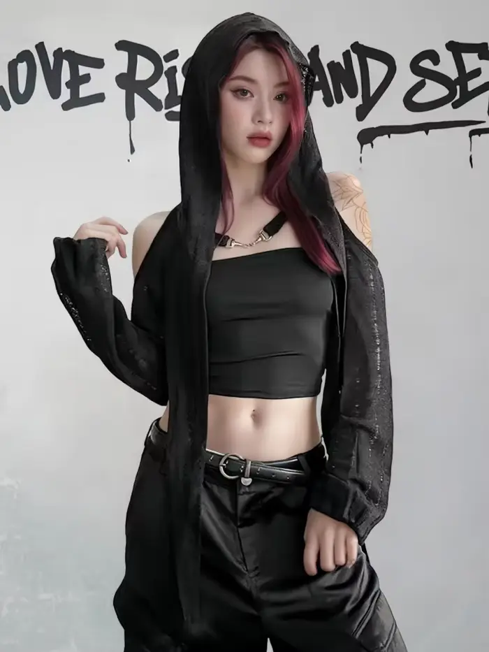 T-shirt à manches longues et épaules dénudées pour femmes, Streetwear d'été, hauts courts, Punk Grun