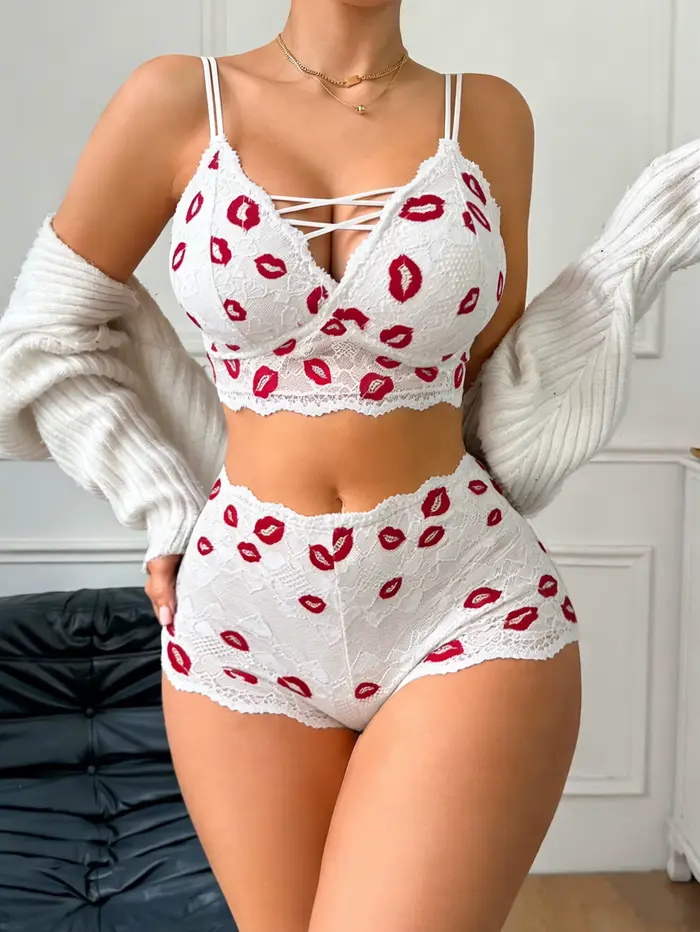 Sexy krajkový lingerie set s potiskem rtů na Valentýna