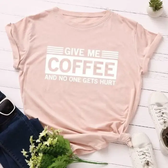 T-shirt manches courtes col rond pour femme, estival et estival, avec lettres imprimées "Give Me Cof