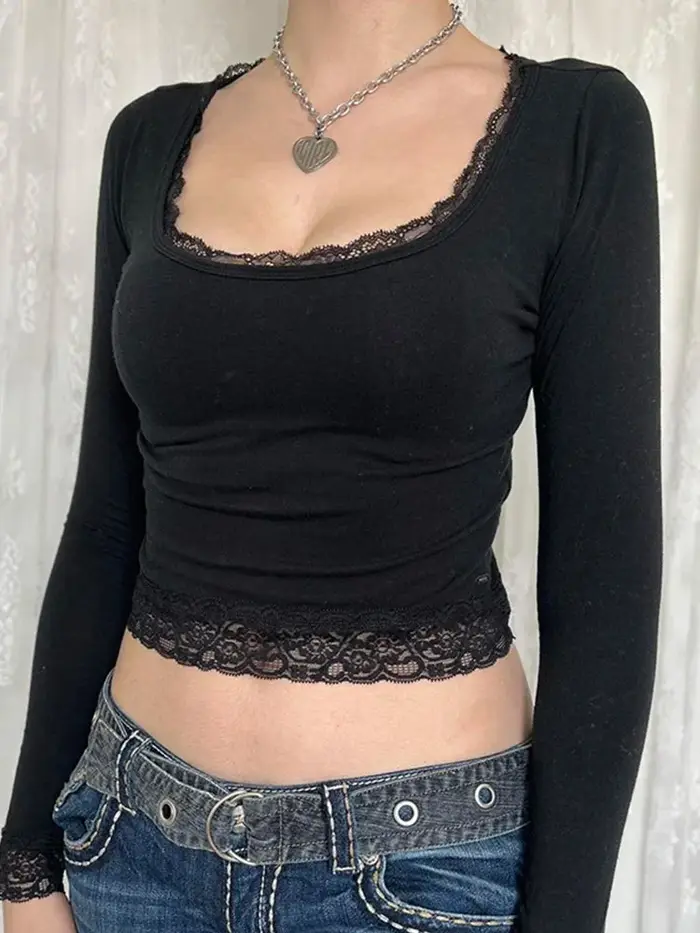 T-shirt manches longues pour femmes, Vintage, fée Grunge, garniture en dentelle, Slim, convient aux