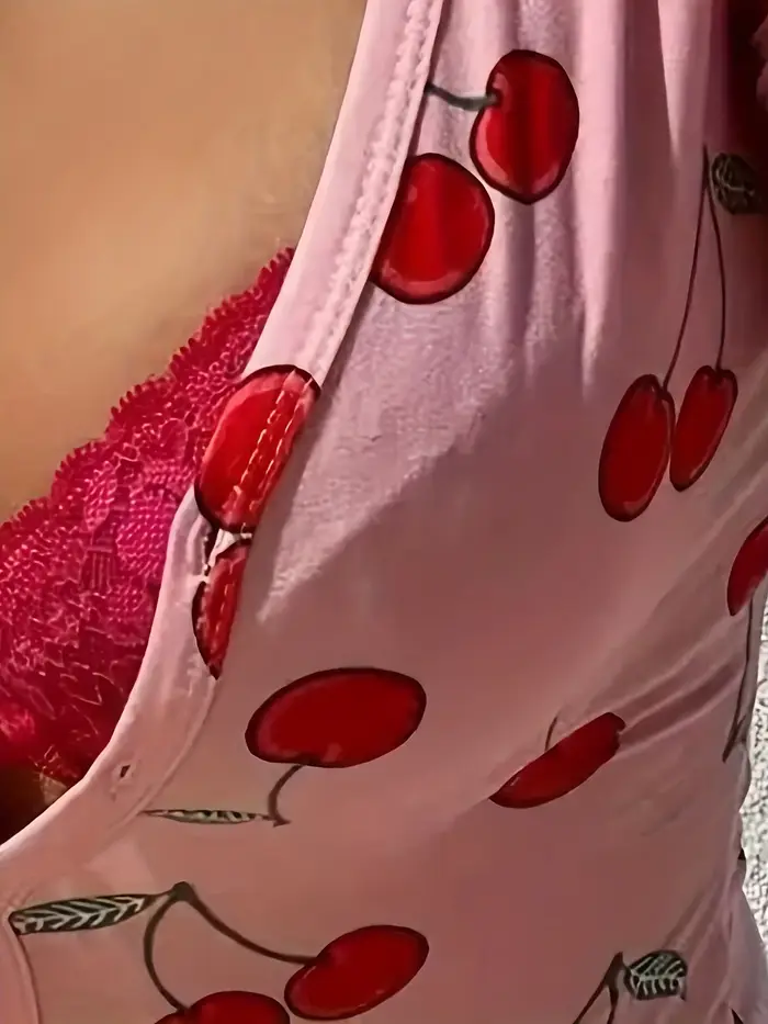 Pyjama sexy pour femmes imprimé cerise col en V bouton avant manches longues combinaison de nuit été style moderne occassions spéciales