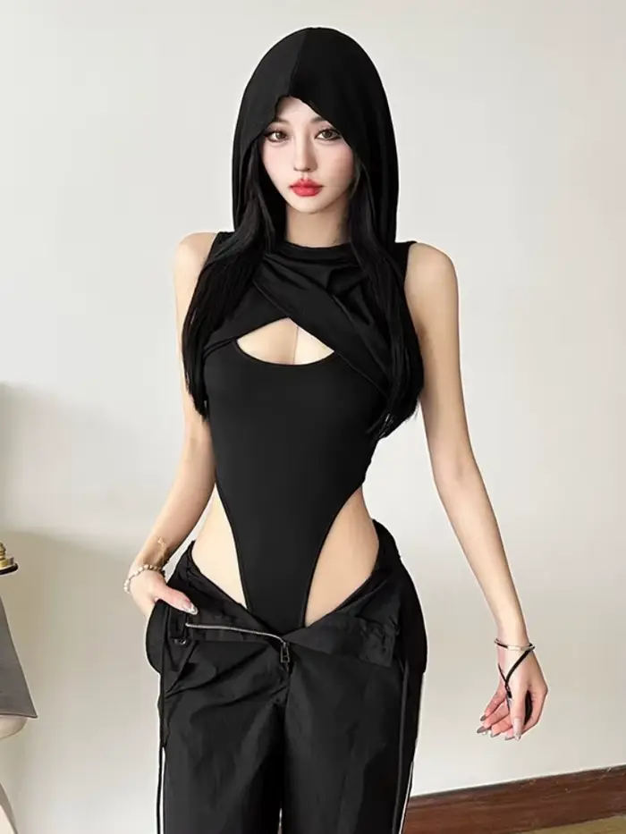 Body à capuche évider Lingerie corps Sexy Feminino sans manches une pièce Lenceria Femenina coupe aj