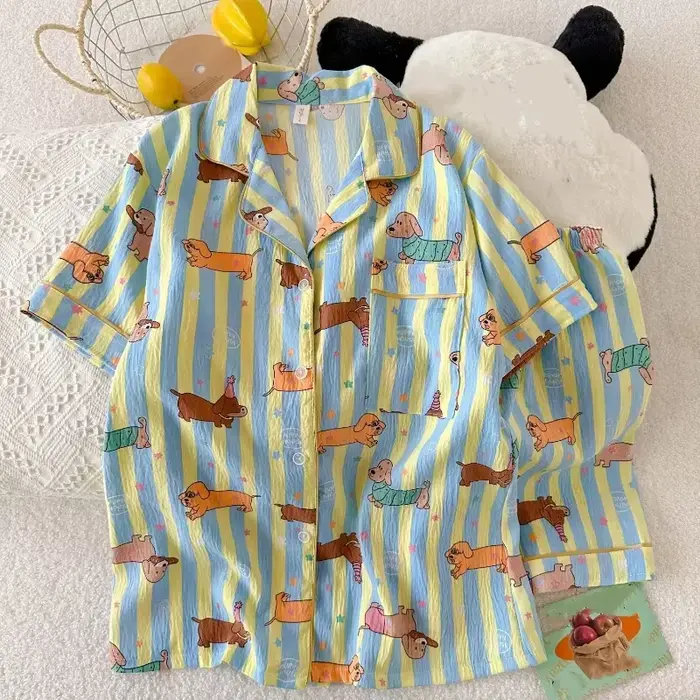 Pyjama Kawaii à imprimé chien rayé étoilé pour femmes, mode Y2K, col à revers, pyjama pour femmes, é