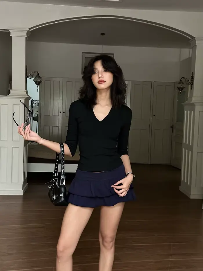 Yedinas col en v Streetwear noir T-shirt femmes vêtements demi manches mode coréenne mince été hauts