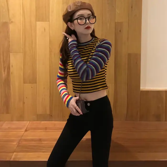 T-shirt pour femmes, Slim, Sexy, rayé, rétro, passe-partout, personnalité douce, Style coréen, pour