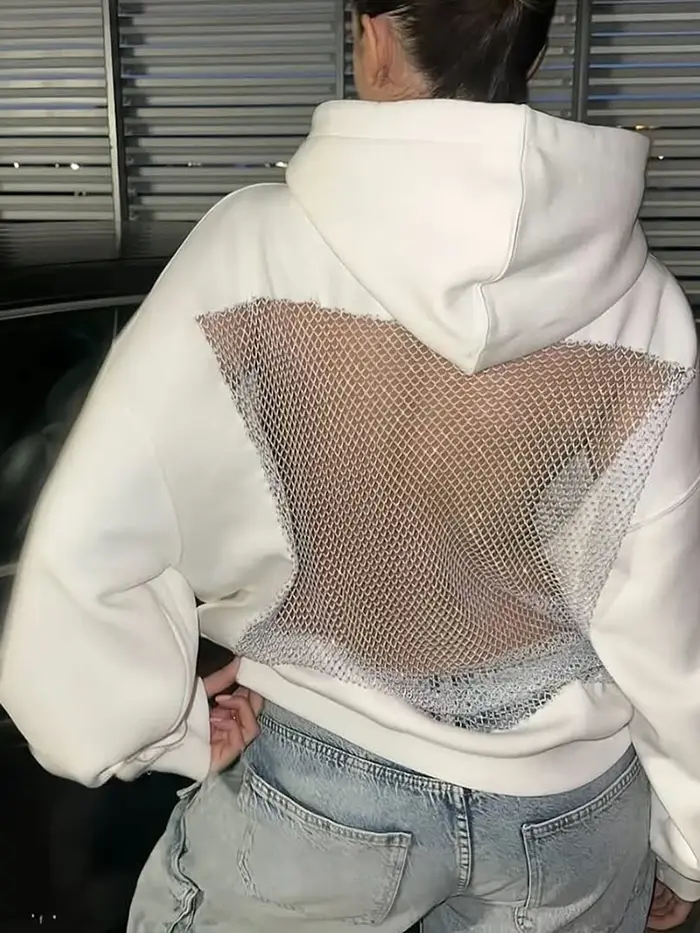 Sisterlinda mikina s kapucí Harajuku ženy podzim trend odhalená záda lesklá síťovina Patchwork ležérní ulice Hipster svetr