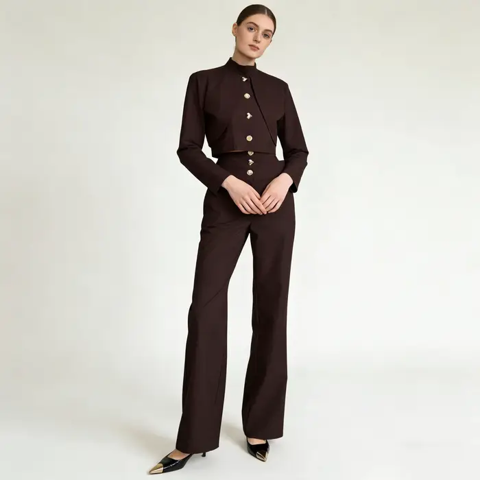 Haut court boutonné à col montant LIMO + pantalon large taille haute, ensemble élégant 2 pièces pour