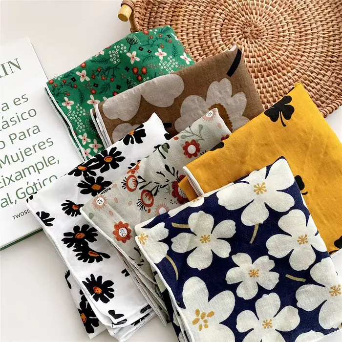 Foulard carré en coton et lin de 55 cm pour femmes, style coréen, pour étudiantes, mode printemps-au