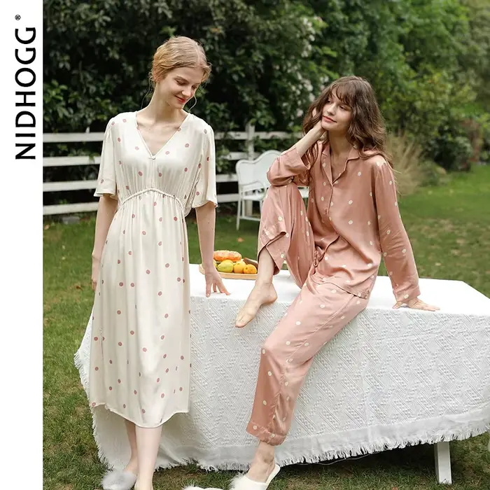 Dámské nikl E saténové noční košile, V-neck noční košile, krátký rukáv noční košile, jemné noční košile, měkké dlouhé sukně, podzim