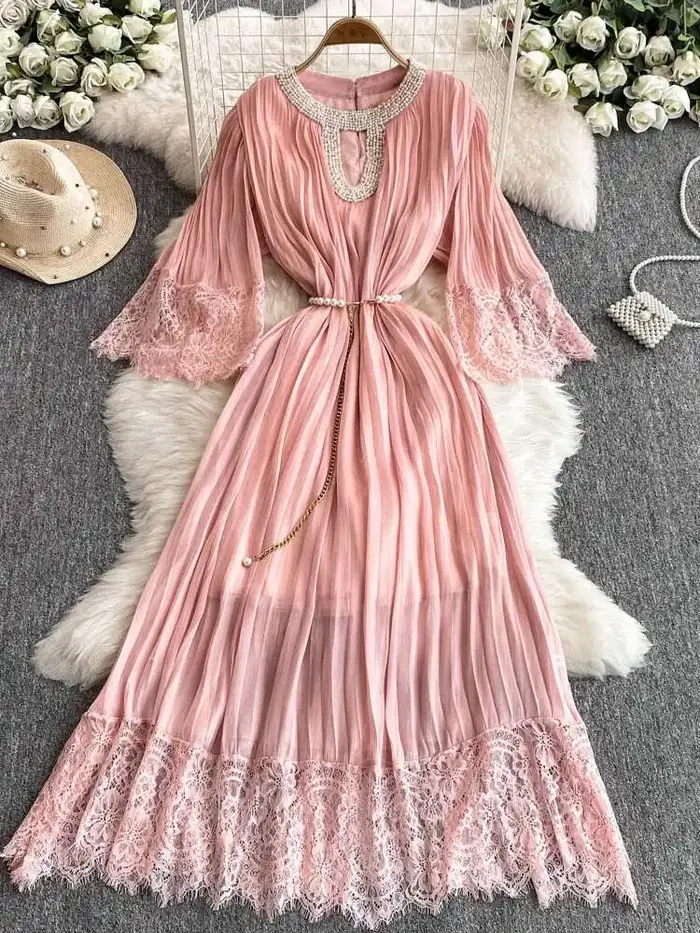 Robe Longue Plissée en Mousseline de Soie pour Femme, Luxueuse, Élégante, Perles de Clip, Ceinture, 