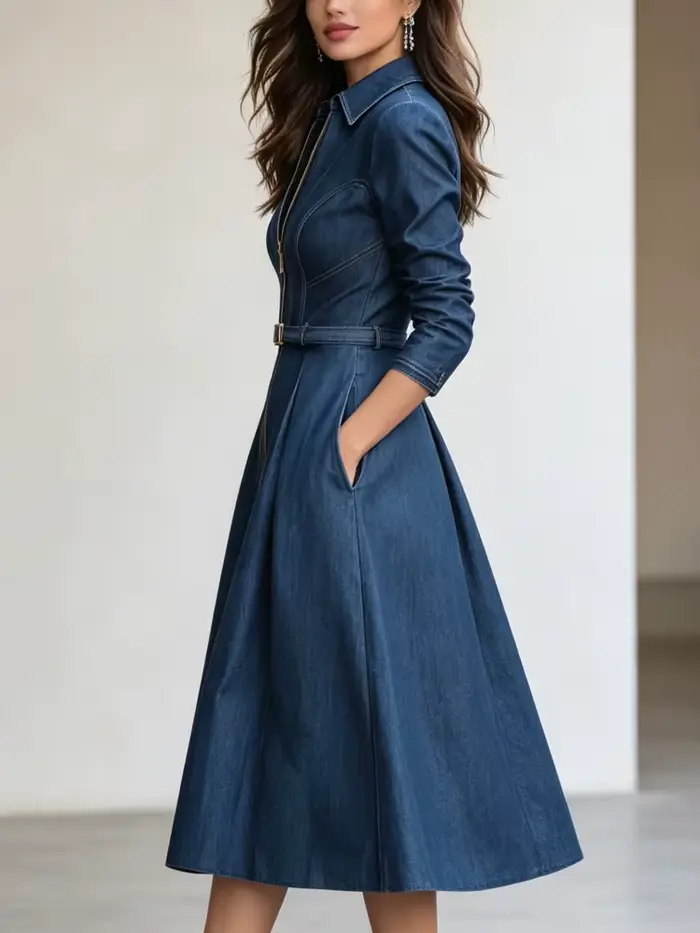 Modigirl dámské modré áčkové šaty 2025 jaro podzim nové plisované s vysokým pasem kapsy zip límec Vintage