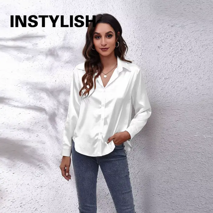 Chemise en satin élégante pour femmes, chemisier décontracté à manches longues en fausse soie, haut