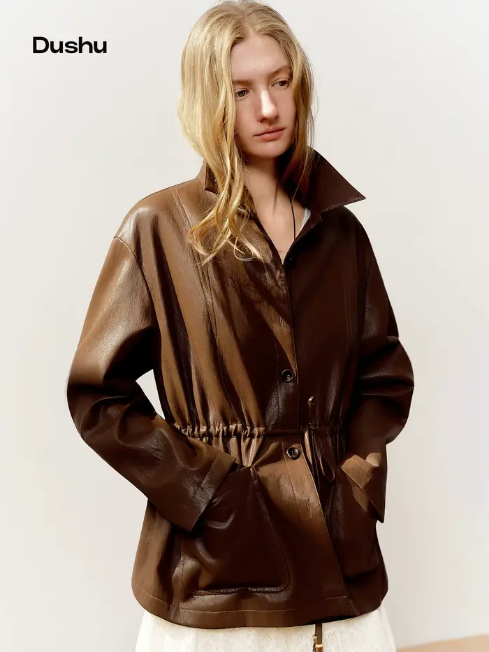 Veste en cuir oversize à taille élastiquée pour femme DUSHU 2026 - Coupe flatteuse, style moto, vest