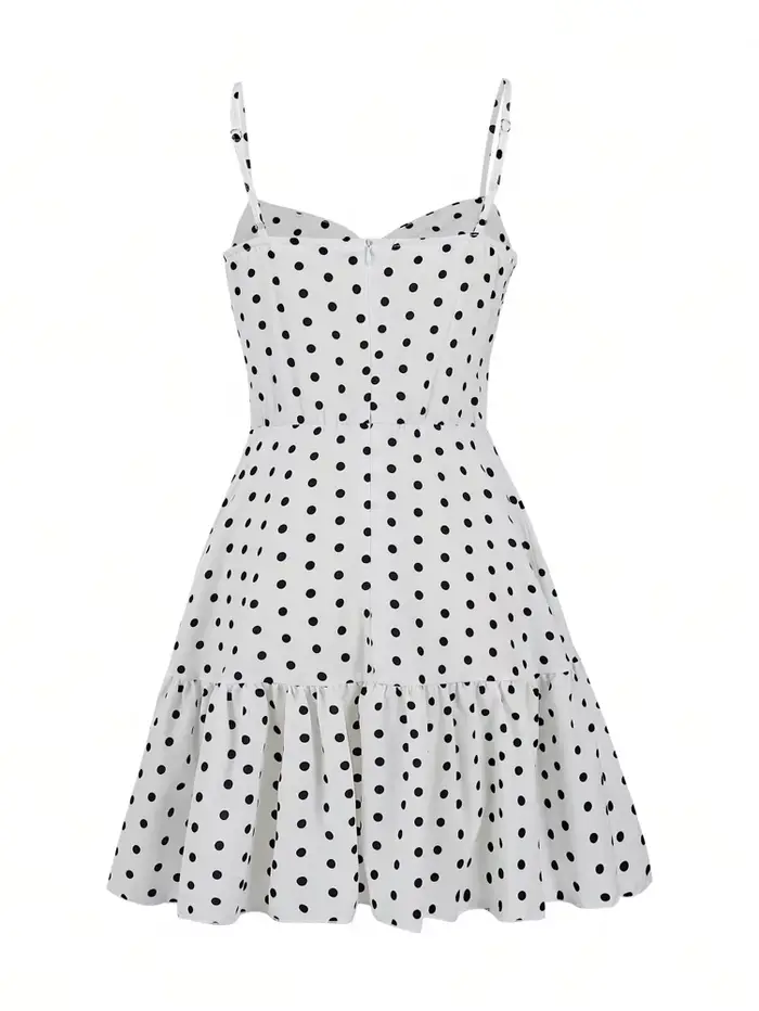 Nouvelle Robe Courte Femme Été 2026 à Pois, Robe Cami Sexy à Bretelles Fines et Ourlet Volanté, Idéa