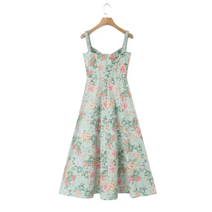 YENKYE-Robe mi-longue à imprimé floral de style français pour femmes, robe à bretelles A-ligne, fent