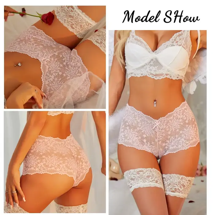 5 pièces/ensemble Sexy dentelle Perspective culotte couleur unie évider taille haute étoile Boyshort femme élastique Transparents Boxer Shorts