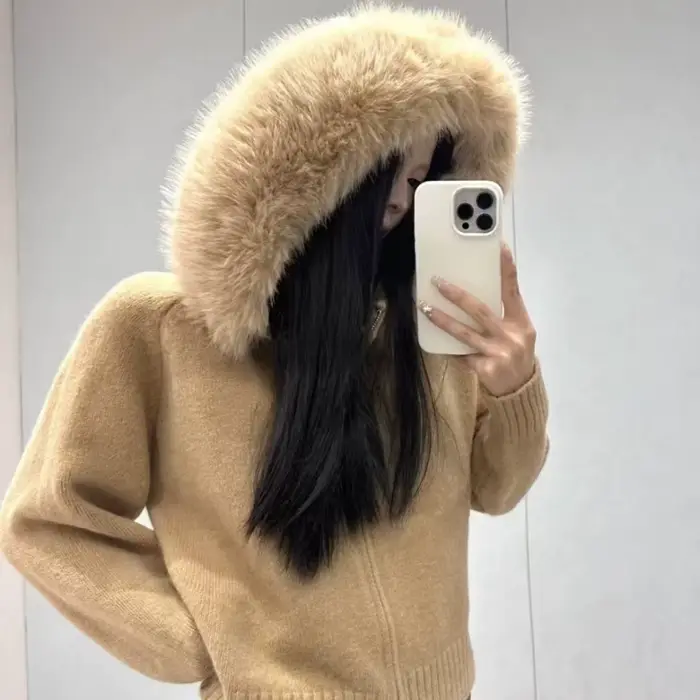 Tricots Cardigan femmes printemps mode tricoté veste femme automne à capuche réel manteau de fourrur