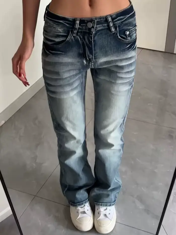 Jean Micro Flare Y2K Femme Taille Mi-Haute Lavé Coupe Slim Droite Étroite Style Spicy Girl Automne