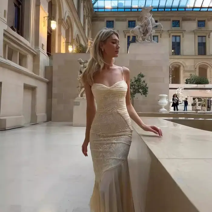 Mingmingxi – robe longue d'été pour femmes, Beige, élégante, en dentelle, avec ourlet, bretelles Spa
