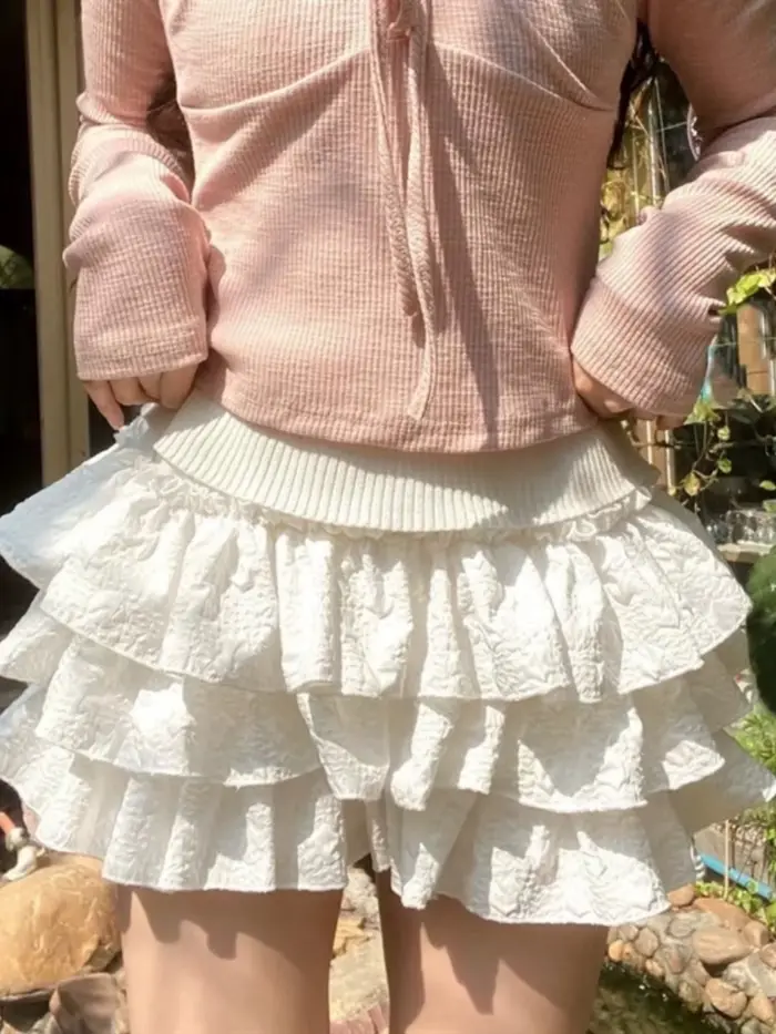 Kawaii robe de bal jupe courte plissée volants couches taille haute solide Mini gâteau jupes Lolita