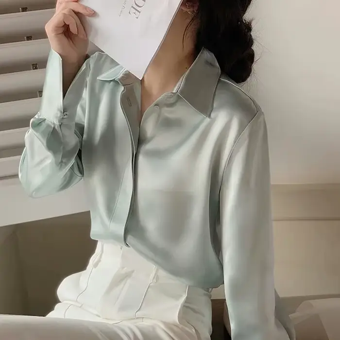 Chemisier en Satin à manches longues pour femmes, mode française, chemises de couleur unie, vêtement