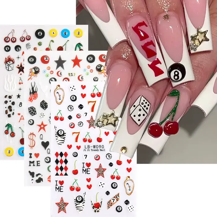 Autocollants pour ongles auto-adhésifs de billard, 8 boules et numéro 7, dés de poker brillants auto