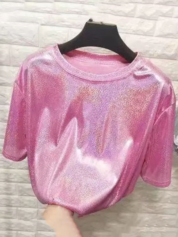 Letní dámské topy třpytivé volné s krátkým rukávem tričko sexy klub estetické harajuku ženy elegantní