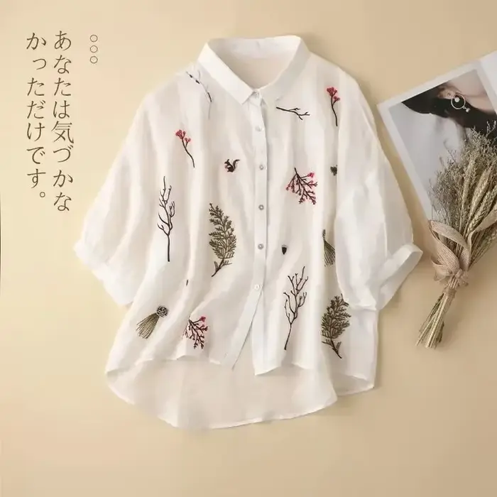 Chemise brodée en lin de coton à sept points pour femmes, haut décontracté à revers, tempérament, ni