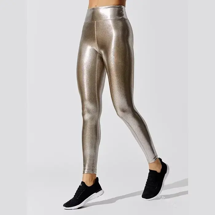 Pantalon de Yoga brillant métallique pour femmes, Leggings taille élastique, vêtements de sport bril