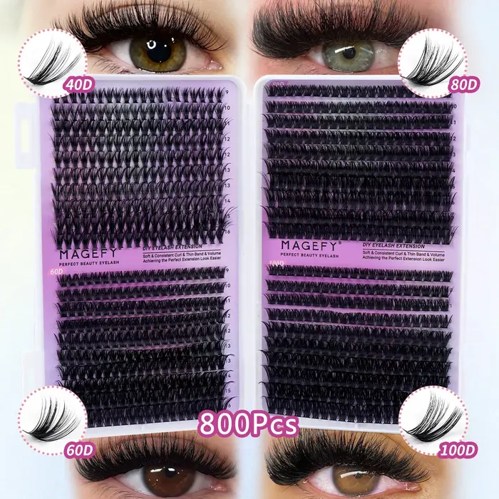 MAGEFY DIY sada řas 800 ks shluky řas 80D/100D směs jednotlivých nadýchaných řas 9-18 mm