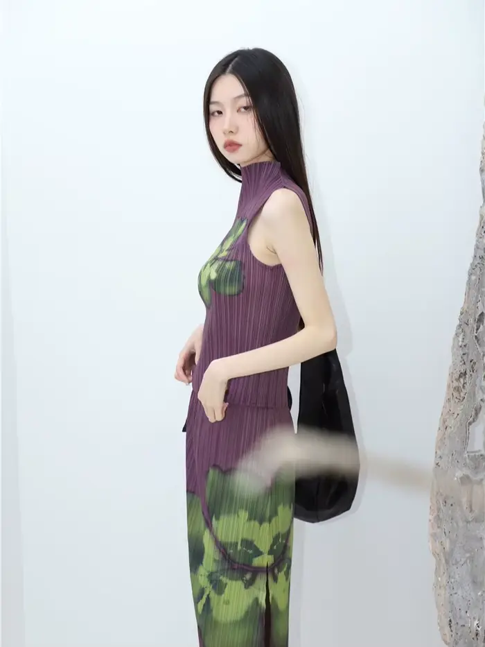 Contest ERART-Tenues florales plissées pour femmes, jupe longue violette, haut en fibre, ensemble 2 