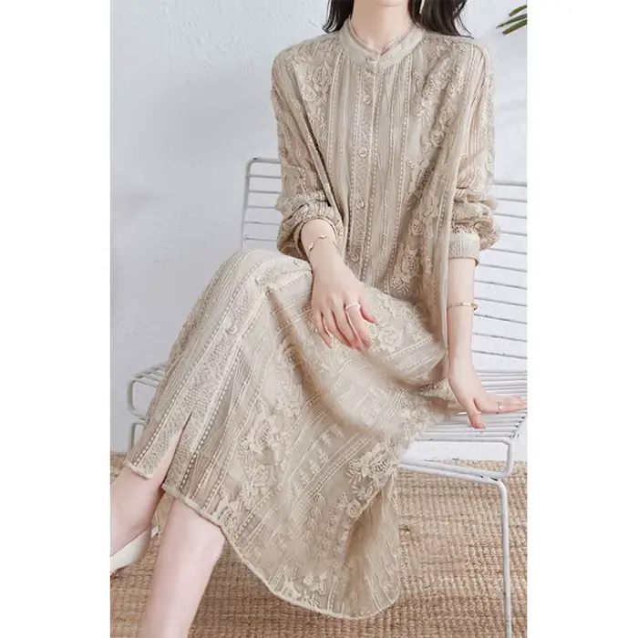 Birdtree-Robe mi-longue brodée en dentelle naturelle pour femme, robes taille haute à col rond, élég
