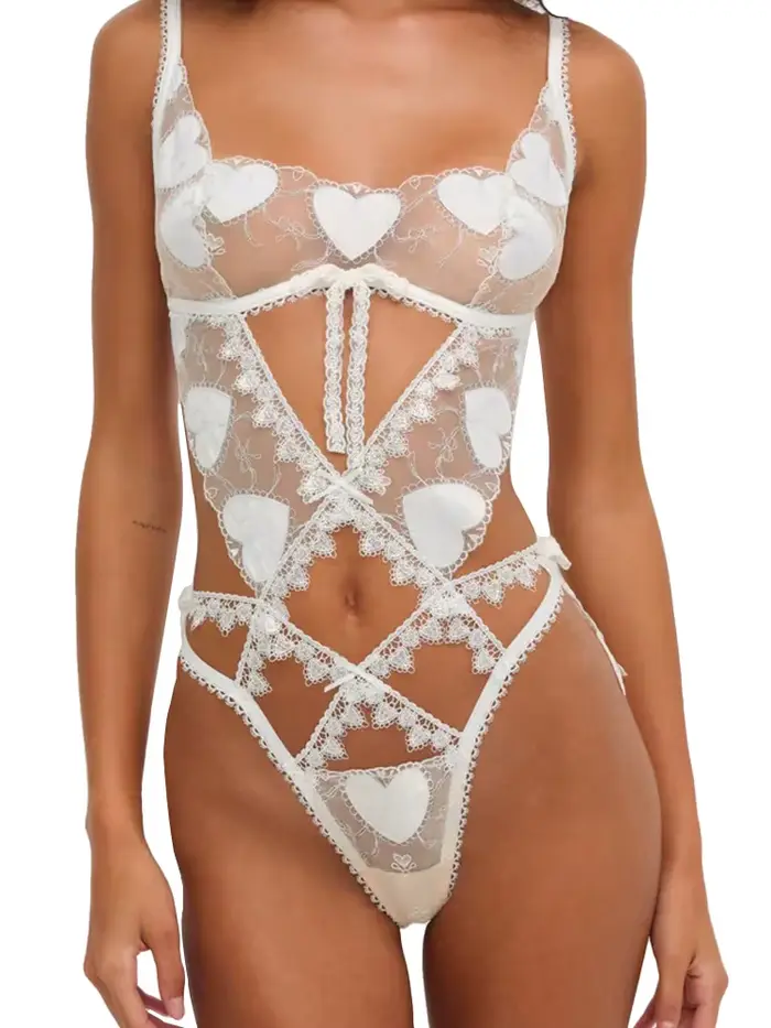 Dámské průhledné síťované body s vyšíváním srdce, prolamované výřezy, tenké a prodyšné, sexy a opláštění spodní prádlo, noční prádlo