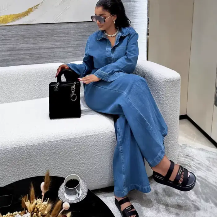 Ensemble deux pièces en jean pour femmes, col rabattu, chemise en jean, hauts, jambes larges, pantal