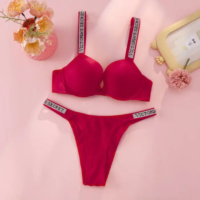 Dámská push-up podprsenka a kalhotky Victoria's Secret, ramínko s logem drahokamu, sexy krajkové spodní prádlo