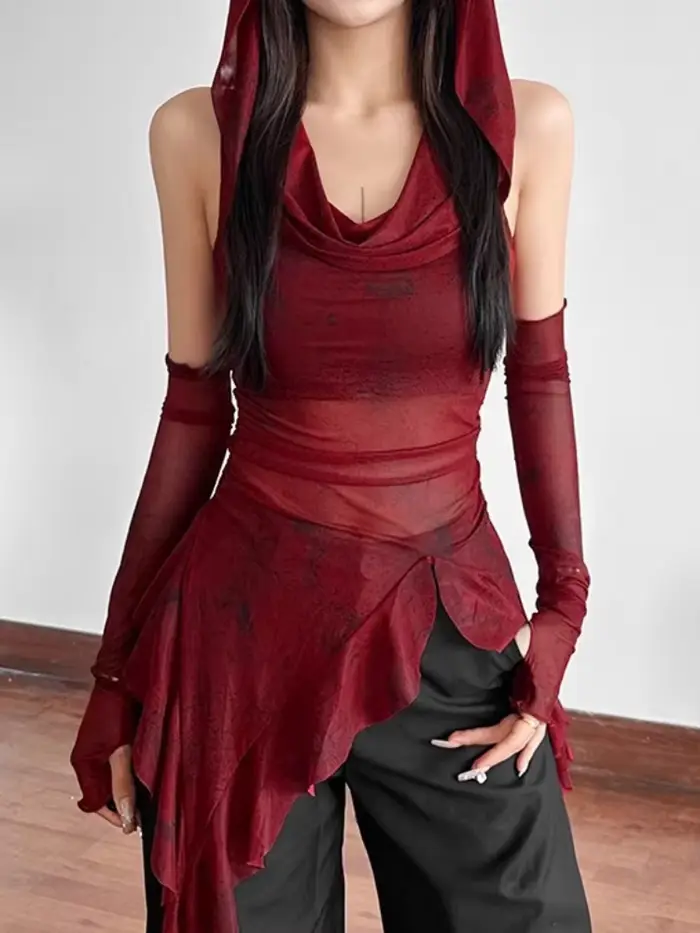 Haut transparent en maille rouge, Streetwear, T-shirt à capuche, manches longues à volants irrégulie
