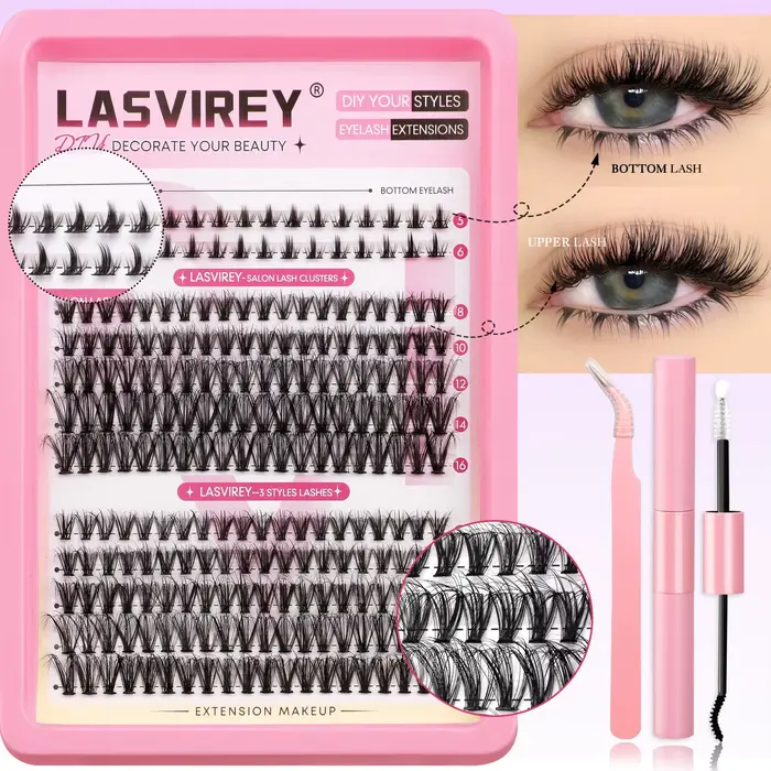 Lasvirey Kit de cils DIY, kit de cils duveteux, cils individuels mixtes avec extensions de cils infé