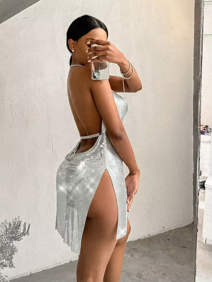 Sexy voir à travers métal sequin robe de soirée femmes été dos nu noir plage club mini robe robes de