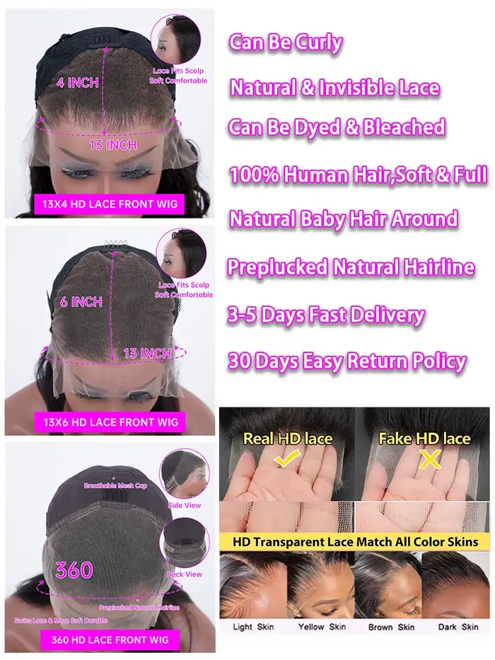 Perruque Lace Frontale HD Transparente 13x6 Pré-Plucked, Cheveux Humains Lisses, 30-40 Pouces, Perru