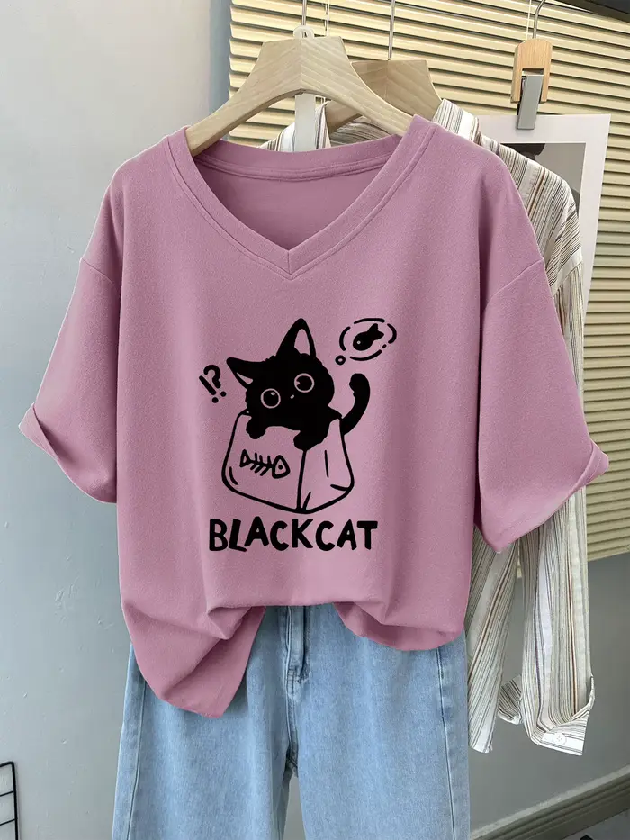 T-shirt manches courtes col rond femme, estival et en coton, avec chat, grande taille 6XL