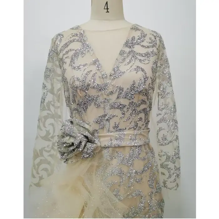 Lugentolo-Robe de soirée à paillettes pour femmes, nœud mince, manches longues, col rond, maille élé